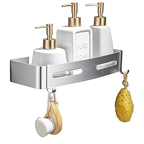 GERUIKE No Drilling Shower Caddy,Self Adhesive Bathroom Shelve,Wall Mounted Toilet Storage Rack,Corner Shower Basket,Rectangle Silver Aluminum Organiser for Bathroom,Kitchen,College Dorm Cover