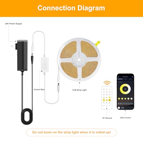 Image of COB LED Strip Lights, CCT Tunable White LED Tape Light 24ft /7.5m, 2700K-6500K, CRI90+, 24V Dimmable LED Strips Kit with Bluetooth APP Control, for Bedroom, Kitchen, DIY Lighting.