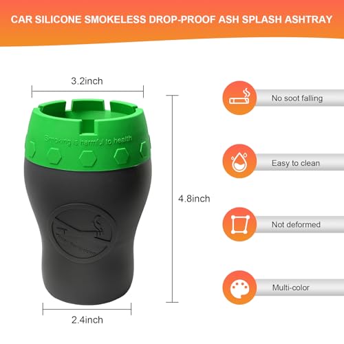 Image of Car Silicone Ashtray, Smokeless Drop-Proof Auto Ash Tray for Cup Holder, Windproof Portable Vehicle Cigarette Ash Tray for Home Outside Office, Interior Car Accessories (Green)