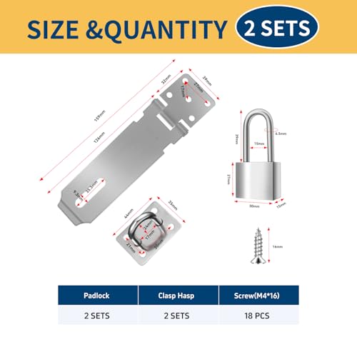 Quevaeco 2 Sets 5 Inch Padlock Hasp Latch Locks, Stainless Steel Padlock with 1.5” Long Shackle, Door Lock Latch for Cabinets Closets or Gate (Silver) - Image 4