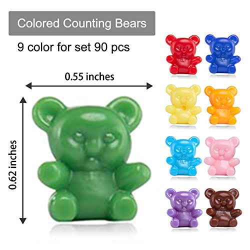 Image of XINHUIDALSQ 90 Pieces Colored Counting Bears 0.62 Inch Rainbow Counting Bears Set 9 Colors Mini Plastic Bear Math Manipulatives for Toddlers Suitable for Ages 3+ Kids