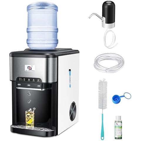 NUNET 3-in-1 Portable Ice Maker Water Dispenser Countertop Built-in Ice Machine 44lbs Ice Daily Top Loading 5 Gallon Hot Cold Water Dispenser w. 4lb Ice Storage & Cleaning Sets, Water Pump Cover