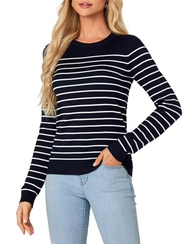 Image of Vrtige Women's Casual Striped Crewneck Long Sleeve Lightweight Ribbed Knit Pullover Sweater Top