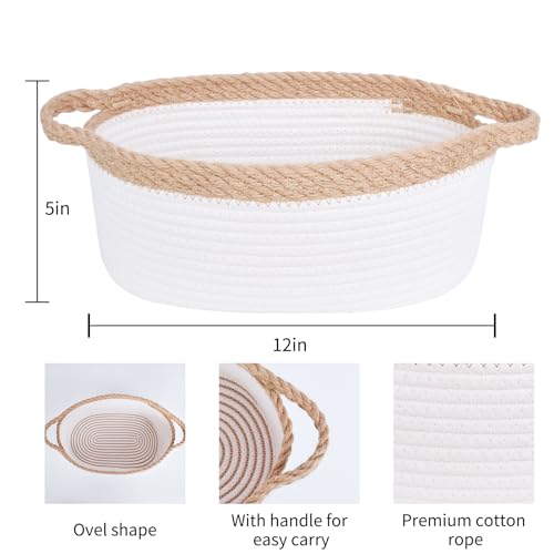 Image of ABenkle Small Basket with Handles, Boho Decorative Rope Woven Dog Cat Toy Storage Bin Shelf Storage Organizer, Easter Christmas Gift Basket, 12 inchx8 inchx5 inch
