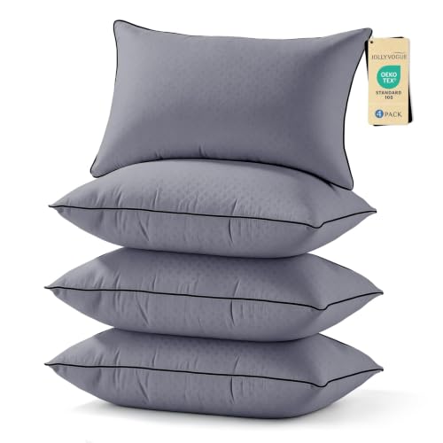 Image of JOLLYVOGUE Grey Pillows Queen Size Set of 4, Washable Supportive Firm Bed Pillows with Oeko-Tex Certified Soft Down Alternative Fill, Fluffy Luxury Hotel Quality for Side, Back, and Stomach Sleepers