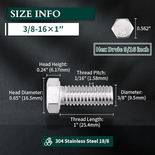 Image of 3 /8-16 x 1 Hex Head Bolts Screws, 304 Stainless Steel 18-8, Fully Threaded, Hexagon Head Cap Bolts Screws, Coarse Thread UNC, 10 PCS