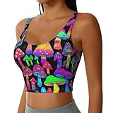 Women Girls Sports Vest U-Shaped Back Comfy Athletic Tops with Bralette Pads Sleeveless Sportswear for Training Fitness, for Rainbow Colorful Neon Mushrooms