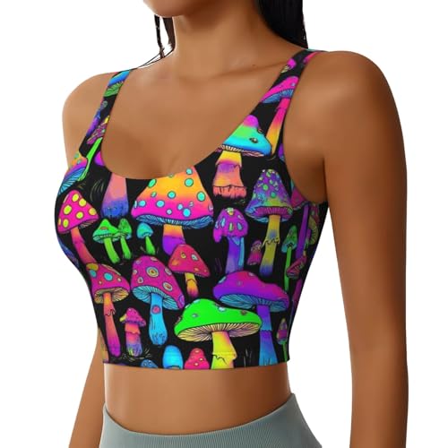 Women Girls Sports Vest U-Shaped Back Comfy Athletic Tops with Bralette Pads Sleeveless Sportswear for Training Fitness, for Rainbow Colorful Neon Mushrooms