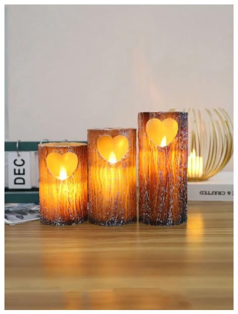 FYCAN 2 LED Light Wooden Heart Shape Flameless & Smokeless Melting Candle Perfect for Gifts, Home, Room, Birthday,Realistic Flickering Flames Country Style,for Christmas (Brown Pine Tree)_2pcs -Brown 3