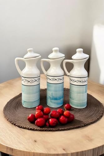 Image of MALAIKAH Ceramic Oil Dispenser Sea Blue Pack of 3 for Kitchen, Dining, Gifting, Home & Kitchen Decor