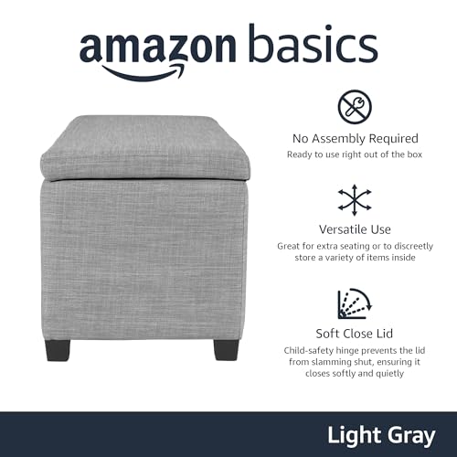 Image of Amazon Basics Upholstered Storage Ottoman Bench with Soft Close Lid for Entryway, Living Room, Bedroom, Child-Safety Hinge, 35.5 inchW x 16.5 inchD x 17 inchH, Light Gray, No Assembly Required