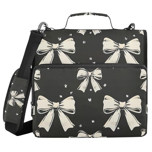 Image of 3 Ring Zipper Binder with Shoulder Strap Black White Bow 1.5 inch Binders Keeper Large Capacity Multi Pockets for School Office Supplies