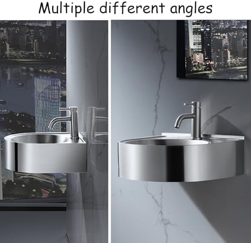 Corner Basin Sink, Wall-Mounted Triangular Stainless Steel Hand Basin, Floating Wash Sink with Drainer for Small Bathroom Spaces,