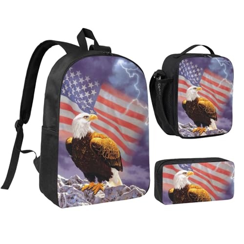 Sac à dos avec boîte à déjeuner et trousse Pecnil motif aigle drapeau USA cartable noir 43 cm