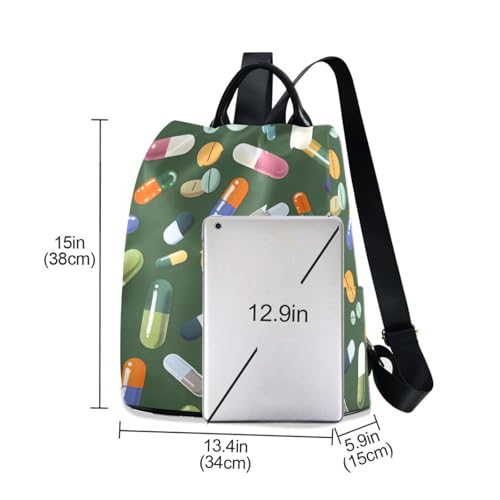 KLL Colorful Various Pills Green Fashion carry on backpack multipurpose large backpack for women for Daily College Shopping with Pom-pom keychain3