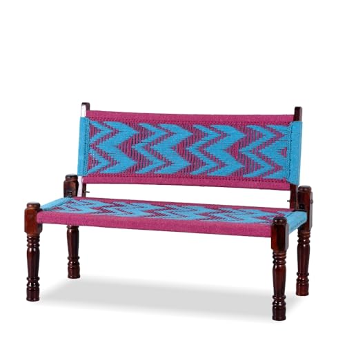 Image of Srima Wooden Bench for Living Room | Handcrafted Sheesham Wood Backrest Bench for Balcony & Garden | Traditional Rajasthani Patio for Outdoor with Cotton Handwoven Rope | Blue and Pink