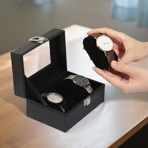 Image of Uten 3-Slot Watch Box, PU Leather Watch Case with Glass Lid, Watch Holder Organizer with Soft Pillow and Velvet Lining, Watch and Jewelry Storage Box, Black