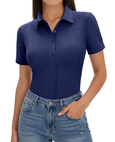 Image of Gleeivy Women's Slim Fit Button Down Shirt Stretch Short Sleeve Wrinkle-Free Work Blouse for Business Casual Office