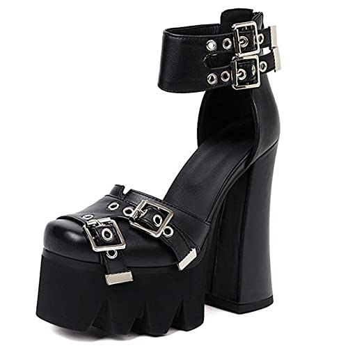 Plateau Blockabsatz Pumps Damen Gothic Stiefeletten Platz Zeh Punk Gefüttert Oxford Schuhe Sandalen 35-43,Schwarz,40 EU Cover