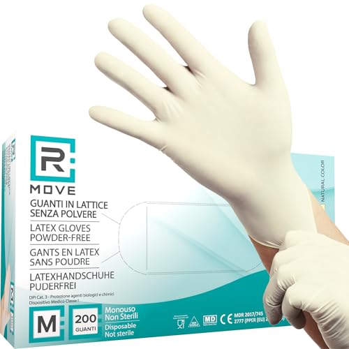 R MOVE 200 Guanti in Lattice monouso 5,7gr senza polvere, alta sensibilità sia al tatto che al palmo, guanti usa e getta in lattice, 2 scatole da 100 guanti, dispostivo medico (200, M)