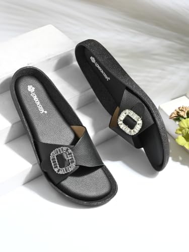 Image of Women Fashion Cross Strap Sliders with Crystal Buckle | Stylish Casual Slip-On Sandals for Women | Lightweight Comfort Slides Everyday Wear