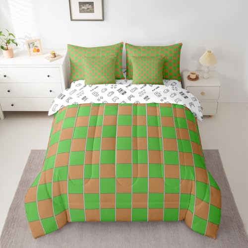 Image of Erosebridal Gaming Checkered King Bed in A Bag 7 Piece Gamer Plaid Comforter Set with Sheets Checkerboard Games Bedding Sets for Kids Adults,Geometric Grids Bed Set