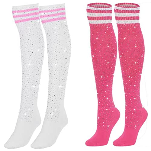 Image of Woman's Rhinestone Over Knee High Socks Stripe Knit Stockings Leg Warmers for Christmas Valentines day Events