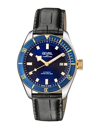 Gevril 48604-3 Men's Yorkville Swiss Automatic Watch, Genuine Leather Italian Black Strap with Tang Buckle