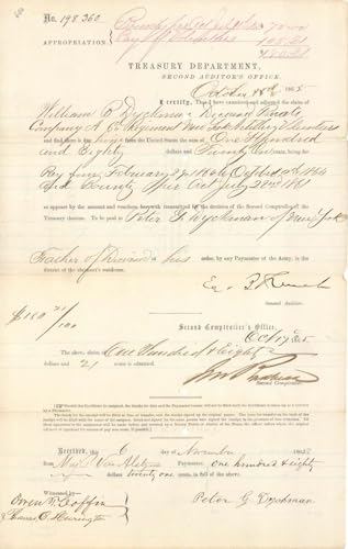 Civil War Treasury Dept. Paper - 1865 dated Civil War