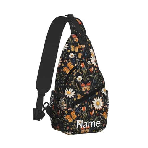 SUPLUCHOM Custom Sling Bag With Name Vintage Butterfly Daisy Leaf Personalized Hiking Daypack Customized Crossbody Shoulder Backpack Travel Chest Pack for Men Women2