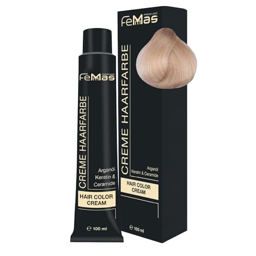 FemMas Haarfarbe Hell Lichtblond 10 I Professionelle Creme Haarfarbe mit Arganöl, Keratin & Ceramiden I Als dauerhafte Haarfärbung oder Tönung für strahlende, haltbare Farbergebnisse I 100 ml