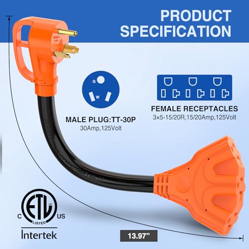 Image of Nilight 30 Amp to 110V RV Power Adapter Cord NEMA TT-30P Male to 3X 5-15R /5-20R Female RV Distribution Adapter Plug ETL Listed 3-Way Outlets for RVs Camper Generator Household Outdoor Power Converter