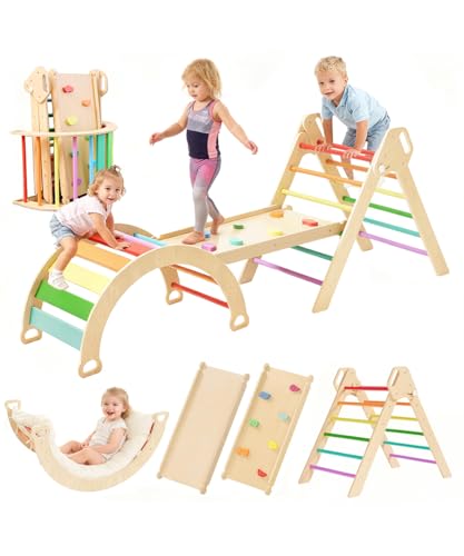 ZippyZebra Large pikler Triangle Set with Cushion，7 in 1 Foldable Baby Jungle Gym with Ramp & Arch，Wooden Montessori Toddler Climbing Toys Indoor for Toddlers 1-6 Year Old Rainbow