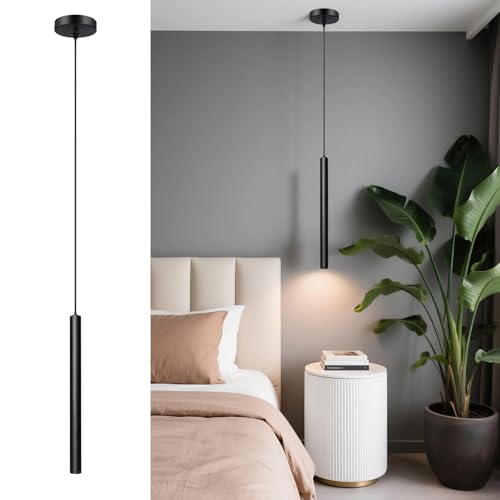 ACMHNC LED Lámpara Colgante, Lampara Colgante isla Cocina, Lamparas Techo Colgantes Negro Moderno para Dormitorio Comedor Mesita de Noche, 5W 3000K, Cilindrica, 30cm