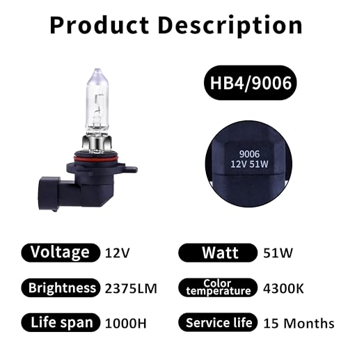 Image of 9006 Headlight Bulbs 200% brightness 4300K White 12V /51W HB4 9006 Bulb Halogen Long Life Replacement P22D (9006 /HB4, 2 Pack)