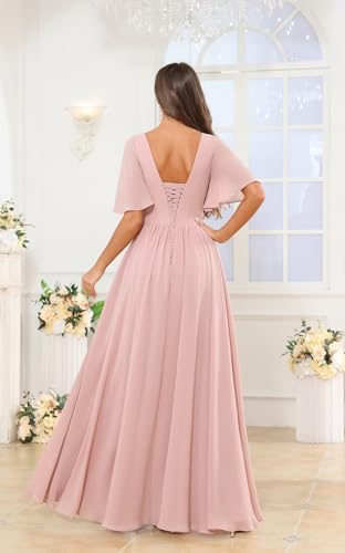 POMUYOO Short Sleeves Bridesmaid Dresses Long Slit Ruffle Chiffon Formal Dress for Wedding Guest3
