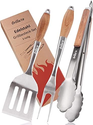 Grilluxe® Premium zestaw sztućców do grilla, 3-częściowy | Deluxe BBQ Tool Set | drewno akacjowe + stal nierdzewna | bardzo długi | szczypce do grilla + łopatka do grilla + widelec do mięsa | grill i piekarnik |