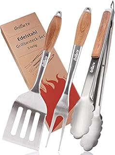 Grilluxe® Premium zestaw sztućców do grilla, 3-częściowy | Deluxe BBQ Tool Set | drewno akacjowe + stal nierdzewna | bardzo długi | szczypce do grilla + łopatka do grilla + widelec do mięsa | grill i piekarnik |
