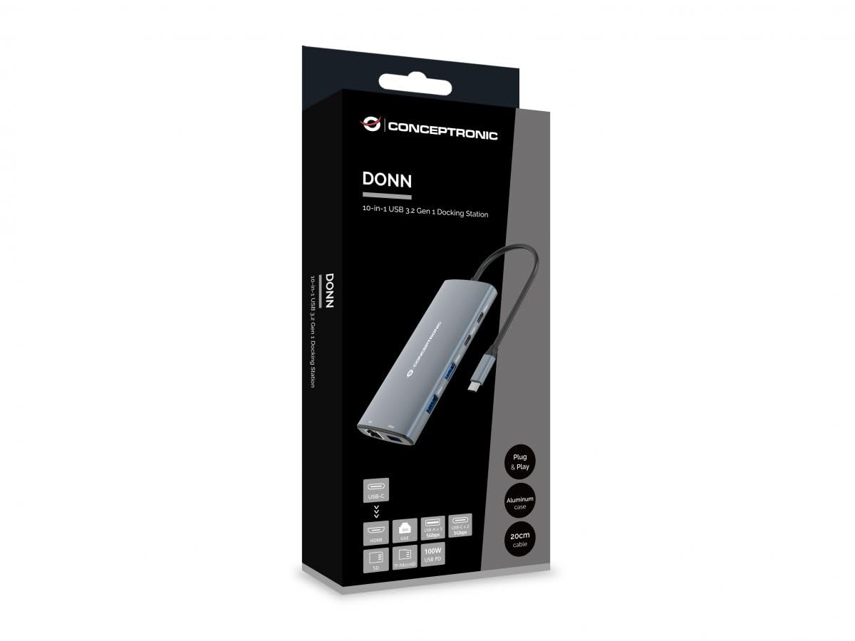 CONCEPTRONIC DONN06G 10 in 1 USB 3.2 Gen 1 Docking Station, HDMI, 100 W USB PD, USB-C 5 Gbps x 2, USB-A 5 Gbps x 3, SD, TF/MicroSD, GbE