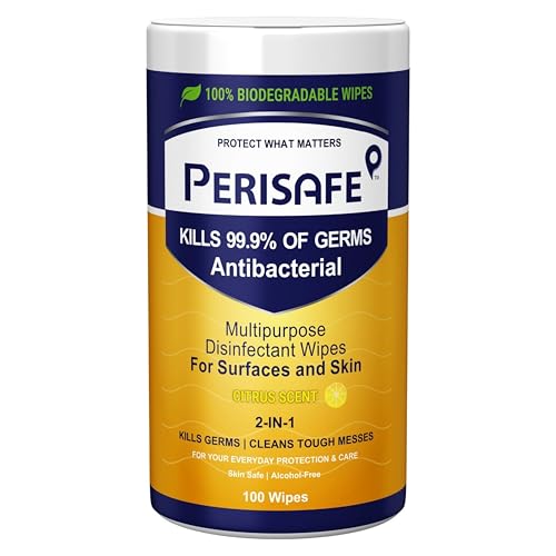 Image of PERISAFE Multipurpose Disinfectant Wipe For Surfaces & Skin-100 Wipes | 100% Biodegradable Wipes | Antibacterial | 2-IN-1- Kills Germs & Cleans Tough Messes