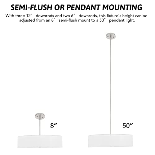 Vonluce 3 Light Double Drum Pendant Light, 20" Brushed Nickel Convertible Semi-Flush Mount Drum Ceiling Light Fixture For Kitchen Island Dining Table Bedroom, Modern Hanging Lights Chandelier #TOP4