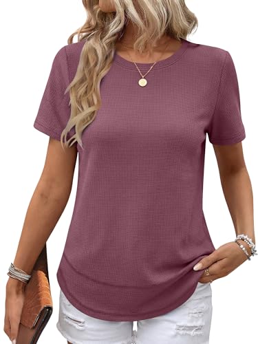 Image of ANRABESS Womens Waffle Knit Tops Short Sleeve Crewneck Shirts Curved Hem Summer Dressy Casual Blouses Spring Fashion Clothing