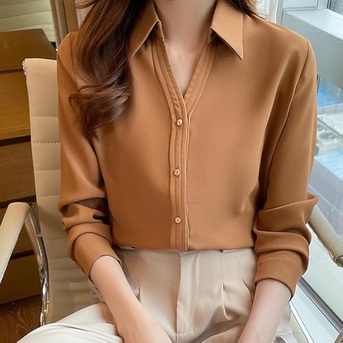 Image of Womens Blouses Long Sleeve Elegant Collared Tops Basic Business Dress V Neck Work Formal Outfits Loose Solid Color Shirt
