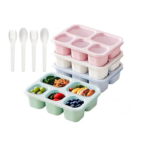 Hushtong Snack Box Containers for Adults?4 Pack Bento Lunch Box for Adult & Kids, 5 Compartment Adult Lunchable Containers with Utensils & Transparent Lids(Wheat)
