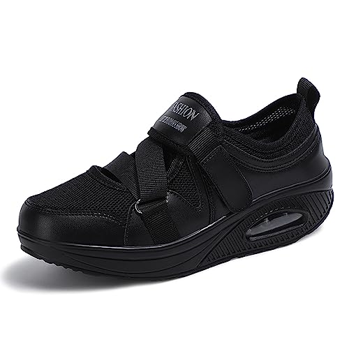 Zapatillas para Adelgazar Tamaño Zapatillas para Caminar Forma Plana Peso Zapatos de Aire Ligero Engrener elástico Deportes en Yoga Slip On No Cher Entrenadores en Malla Plana Verano,Nero,EU40