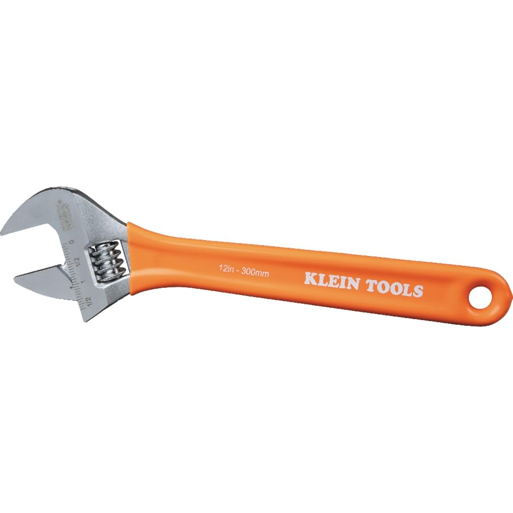 Klein Tools O50712 Adjustable Wrench, Extra-Capacity Jaw, Forged Heat-Treated Alloy Steel, SAE, Metric Scales, Plastic-Dipped Handle, 12-Inch