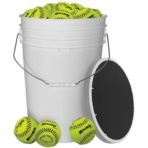 Champion Sports 11 Syntex Leather Cover Softballs | 18 Optic Yellow Softballs and White Bucket | Cork Core | Medium Compression | NFHS Approved | Raised Seams