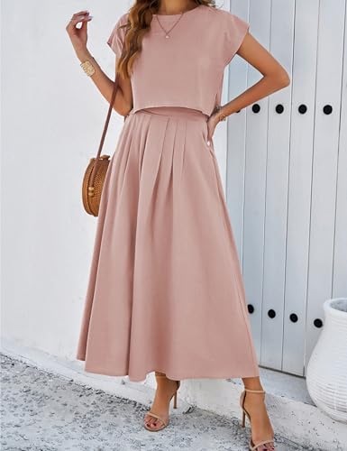Image of Mingzhu Womens 2 Piece Outfits Skirt Set Summer Casual Cap Sleeve Crop Tops Maxi Dress Sets with Pockets