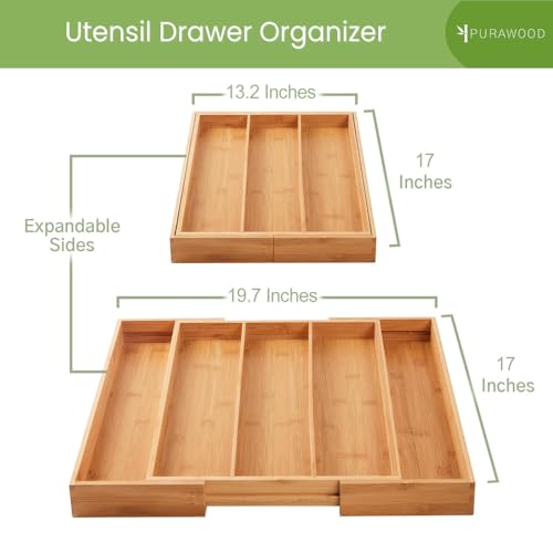 Purawood Kitchen Drawer Organizer - Expandable Utensil Drawer Organizer for Kitchen, Cutlery Tray & Silverware Organizer, 3-5 Slots - Bamboo Organizer for Utensils & Flatware (Natural)