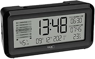 TFA Dostmann Cyfrowy budzik radiowy BOXX2, 60.2562.01, niemiecki wyświetlacz, 2 czasy budzenia, monitorowanie klimatu w pomieszczeniu, z dniem tygodnia, z akumulatorem, czarny, (dł.) 138 x (szer.) 52
